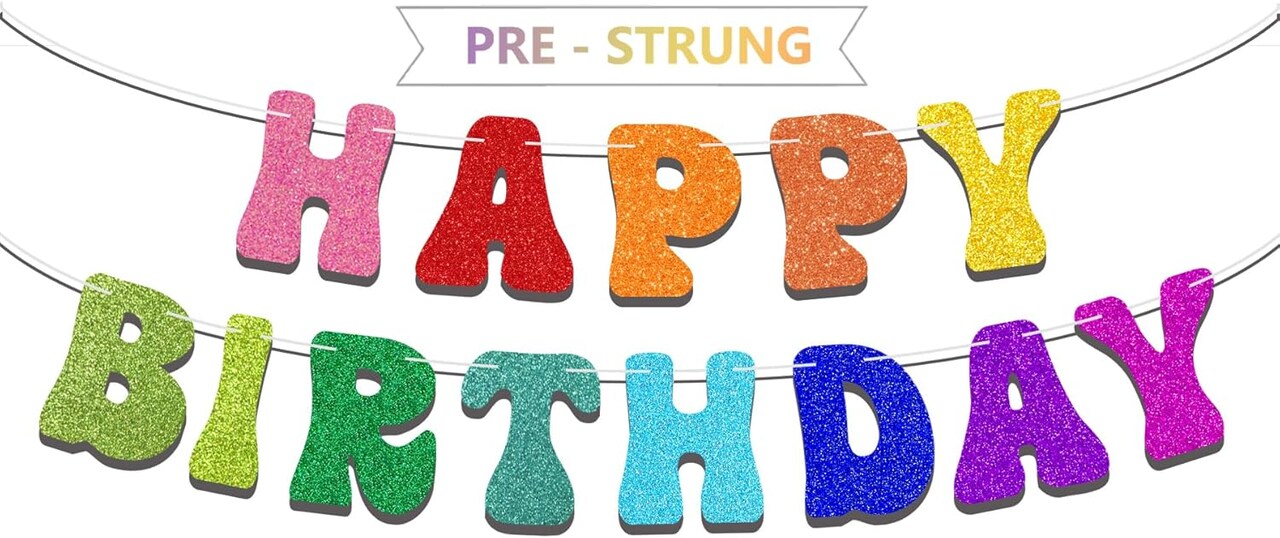 Pre-Strung Rainbow Happy Birthday Banner - NO DIY - Colorful Rainbow Party Banner Decorations, Glitter Birthday Party Garland